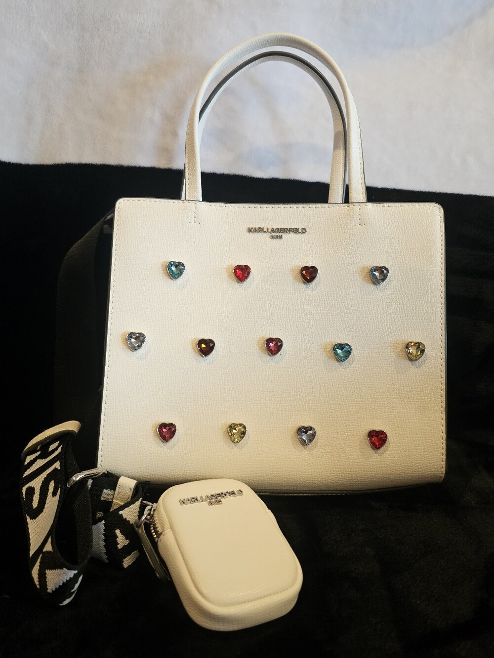 Karl Lagerfeld White Tote with Multicolor Heart Gems and Detachable Strap